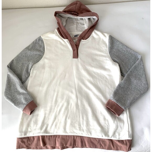 Lands End Serious Sweats Hoodie Women L 14-16 White Pink Pullover Colorblock - Picture 1 of 7